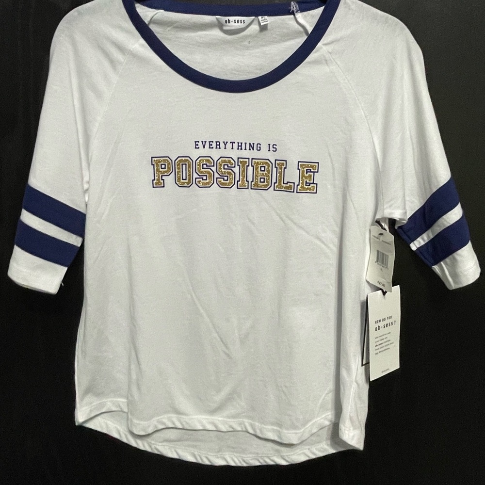 NWT Ob-Sess White top Gold Glitter Letters Size Petite Large